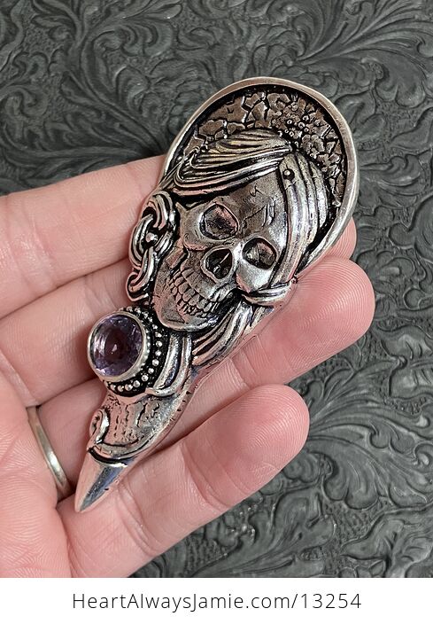 Santa Muerte Skull Pendant with a Faceted Amethyst Gem Stone Crystal Jewelry - #TROM4wgQW04-3