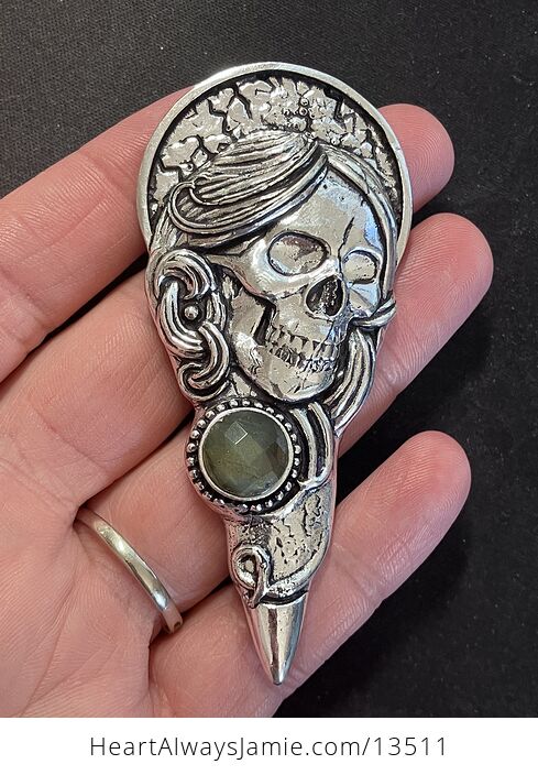 Santa Muerte Skull Pendant with a Faceted Labradorite Gem Stone Crystal Jewelry - #827PQXMWFEg-1