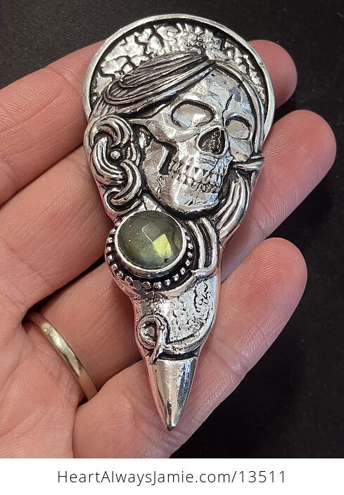 Santa Muerte Skull Pendant with a Faceted Labradorite Gem Stone Crystal Jewelry - #827PQXMWFEg-2