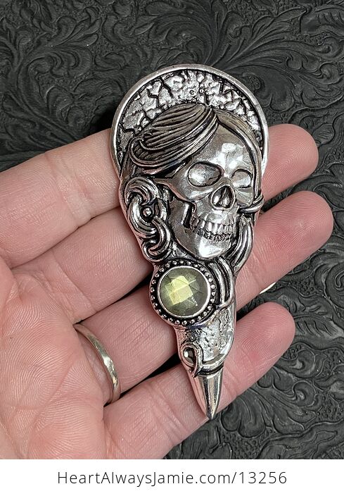 Santa Muerte Skull Pendant with a Faceted Labradorite Gem Stone Crystal Jewelry - #QXMTHFYRHTY-2