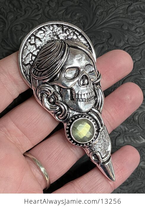 Santa Muerte Skull Pendant with a Faceted Labradorite Gem Stone Crystal Jewelry - #QXMTHFYRHTY-1