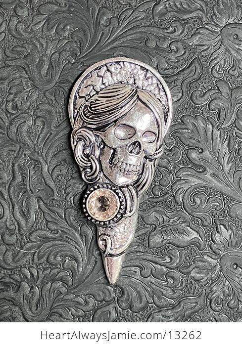 Santa Muerte Skull Pendant with a Faceted Morganite Gem Stone Crystal Jewelry - #IAspNfvuTI4-3