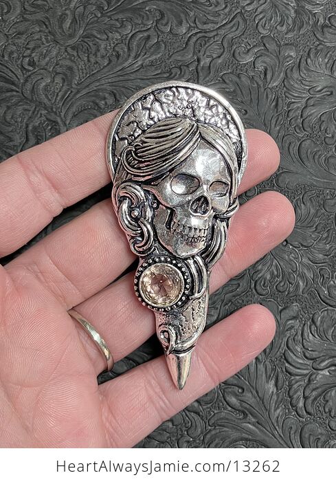 Santa Muerte Skull Pendant with a Faceted Morganite Gem Stone Crystal Jewelry - #IAspNfvuTI4-4