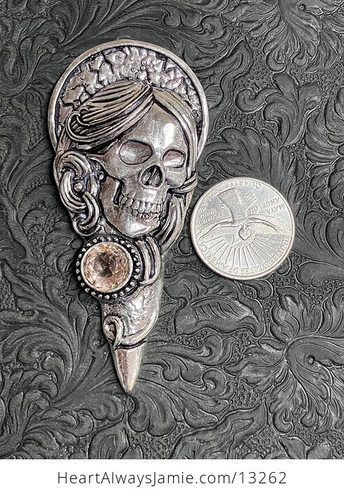 Santa Muerte Skull Pendant with a Faceted Morganite Gem Stone Crystal Jewelry - #IAspNfvuTI4-2