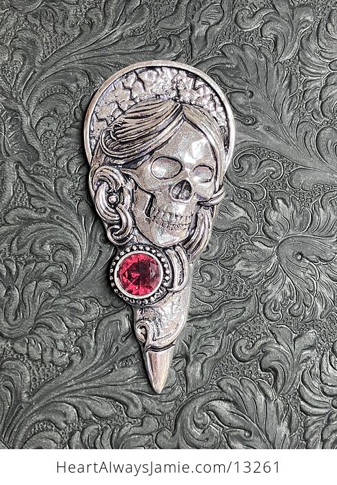 Santa Muerte Skull Pendant with a Faceted Pink Gem Stone Crystal Jewelry - #oHBD2G2L1Zw-1