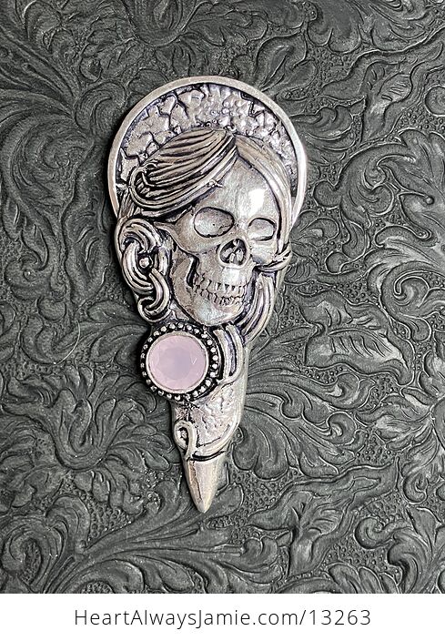 Santa Muerte Skull Pendant with a Faceted Rose Pink Chalcedony Gem Stone Crystal Jewelry - #xrBUGrDkNm8-5