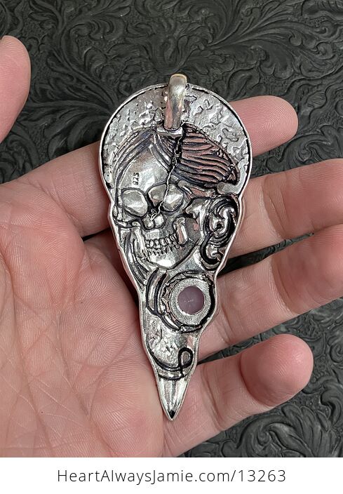 Santa Muerte Skull Pendant with a Faceted Rose Pink Chalcedony Gem Stone Crystal Jewelry - #xrBUGrDkNm8-4