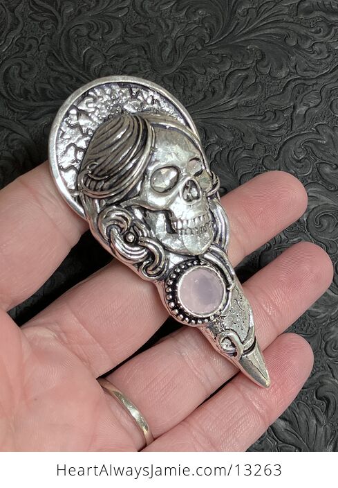 Santa Muerte Skull Pendant with a Faceted Rose Pink Chalcedony Gem Stone Crystal Jewelry - #xrBUGrDkNm8-2