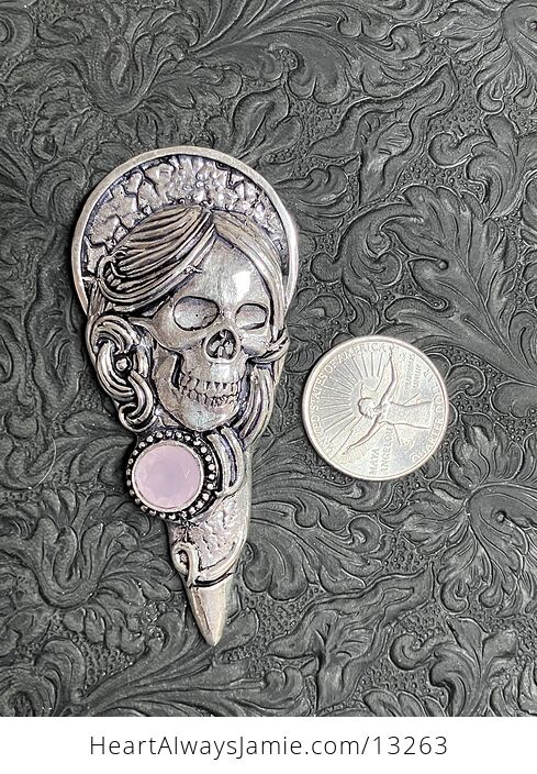 Santa Muerte Skull Pendant with a Faceted Rose Pink Chalcedony Gem Stone Crystal Jewelry - #xrBUGrDkNm8-6