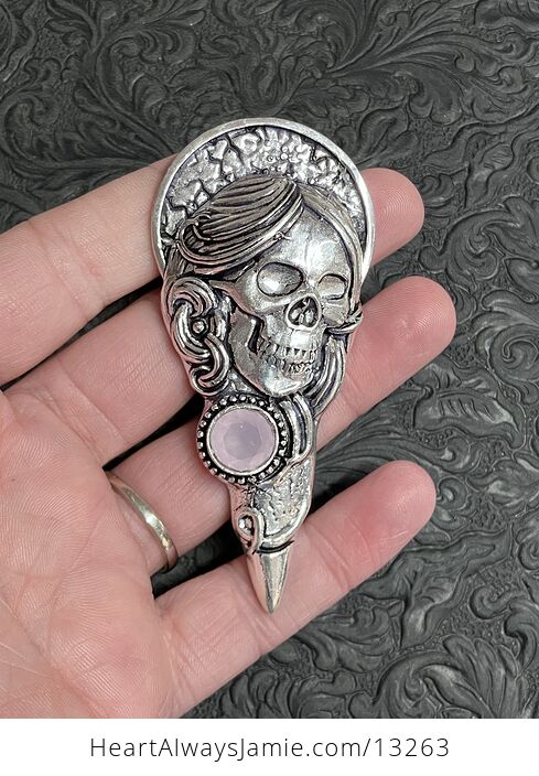 Santa Muerte Skull Pendant with a Faceted Rose Pink Chalcedony Gem Stone Crystal Jewelry - #xrBUGrDkNm8-1