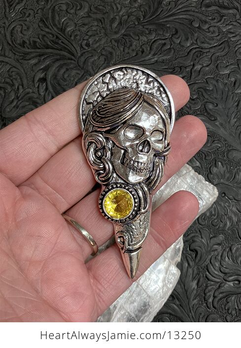 Santa Muerte Skull Pendant with a Faceted Yellow Citrine Gem Stone Crystal Jewelry - #Yo4dt25xfP0-1