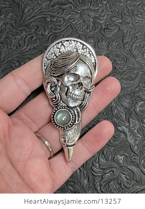 Santa Muerte Skull Pendant with a Labradorite Gem Stone Crystal Jewelry - #vHzqqHtluVU-4