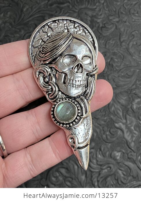 Santa Muerte Skull Pendant with a Labradorite Gem Stone Crystal Jewelry - #vHzqqHtluVU-1