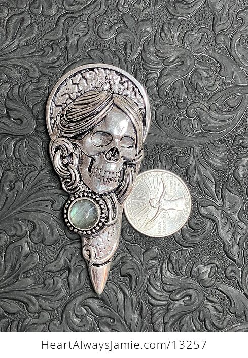 Santa Muerte Skull Pendant with a Labradorite Gem Stone Crystal Jewelry - #vHzqqHtluVU-3