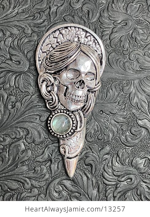 Santa Muerte Skull Pendant with a Labradorite Gem Stone Crystal Jewelry - #vHzqqHtluVU-2