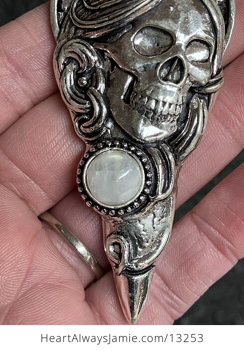 Santa Muerte Skull Pendant with a Rainbow Moonstone Stone Crystal Jewelry - #14Ng0m6CqIQ-4