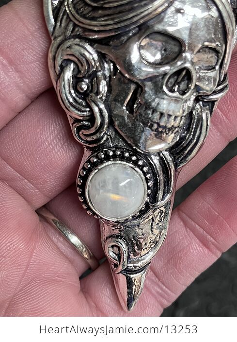 Santa Muerte Skull Pendant with a Rainbow Moonstone Stone Crystal Jewelry - #14Ng0m6CqIQ-5