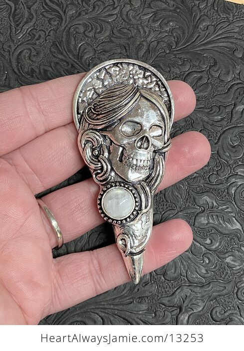 Santa Muerte Skull Pendant with a Rainbow Moonstone Stone Crystal Jewelry - #14Ng0m6CqIQ-1