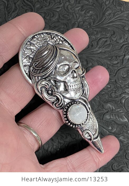 Santa Muerte Skull Pendant with a Rainbow Moonstone Stone Crystal Jewelry - #14Ng0m6CqIQ-2