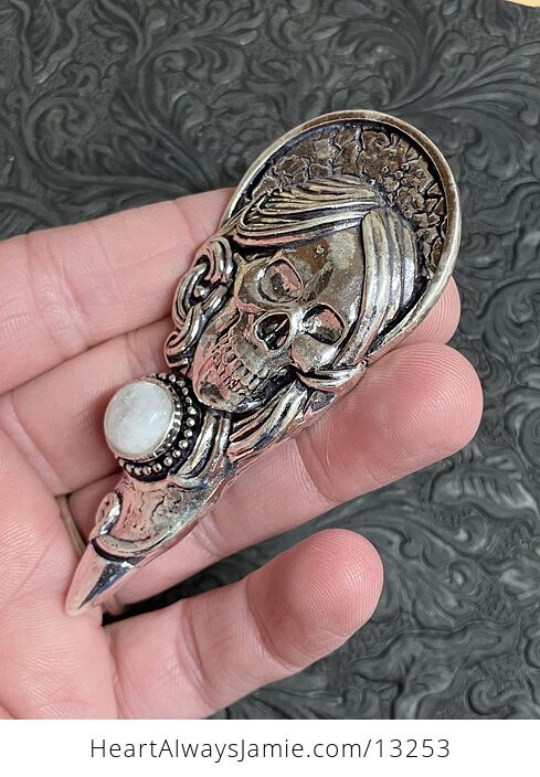 Santa Muerte Skull Pendant with a Rainbow Moonstone Stone Crystal Jewelry - #14Ng0m6CqIQ-3