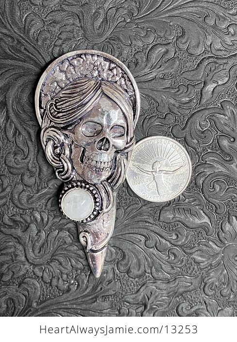 Santa Muerte Skull Pendant with a Rainbow Moonstone Stone Crystal Jewelry - #14Ng0m6CqIQ-9