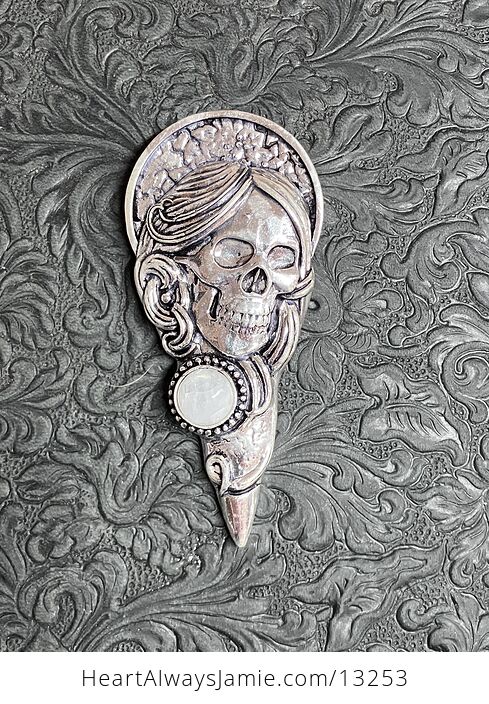 Santa Muerte Skull Pendant with a Rainbow Moonstone Stone Crystal Jewelry - #14Ng0m6CqIQ-8