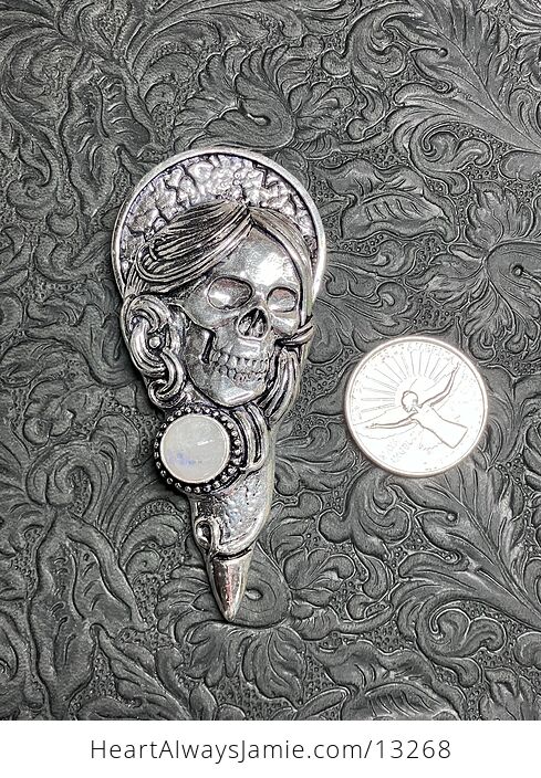 Santa Muerte Skull Pendant with a Rainbow Moonstone Stone Crystal Jewelry - #fcAbYUHi1RM-3