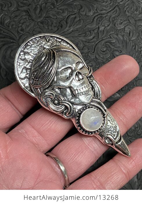 Santa Muerte Skull Pendant with a Rainbow Moonstone Stone Crystal Jewelry - #fcAbYUHi1RM-1