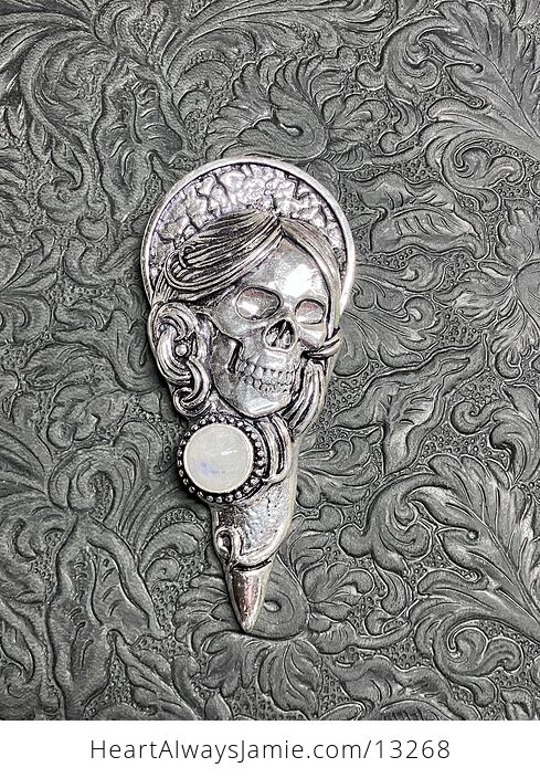 Santa Muerte Skull Pendant with a Rainbow Moonstone Stone Crystal Jewelry - #fcAbYUHi1RM-2