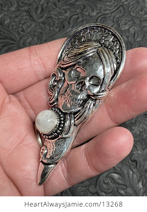 Santa Muerte Skull Pendant with a Rainbow Moonstone Stone Crystal Jewelry - #fcAbYUHi1RM-5