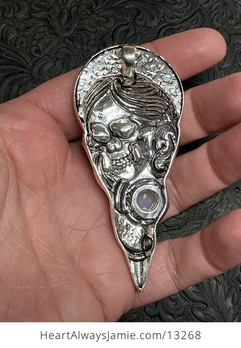 Santa Muerte Skull Pendant with a Rainbow Moonstone Stone Crystal Jewelry - #fcAbYUHi1RM-6