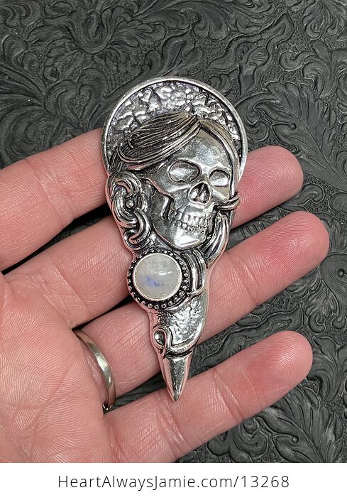 Santa Muerte Skull Pendant with a Rainbow Moonstone Stone Crystal Jewelry - #fcAbYUHi1RM-4