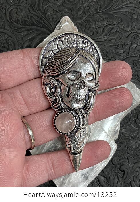 Santa Muerte Skull Pendant with a Rose Quartz Gem Stone Crystal Jewelry - #qIzm0sAlrZo-1