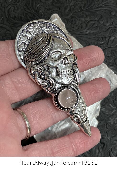 Santa Muerte Skull Pendant with a Rose Quartz Gem Stone Crystal Jewelry - #qIzm0sAlrZo-2