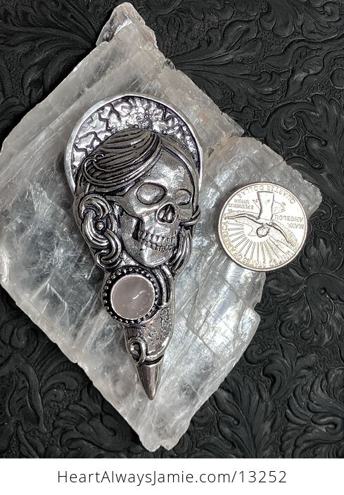 Santa Muerte Skull Pendant with a Rose Quartz Gem Stone Crystal Jewelry - #qIzm0sAlrZo-6