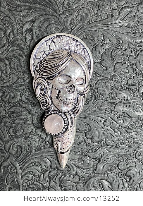 Santa Muerte Skull Pendant with a Rose Quartz Gem Stone Crystal Jewelry - #qIzm0sAlrZo-7