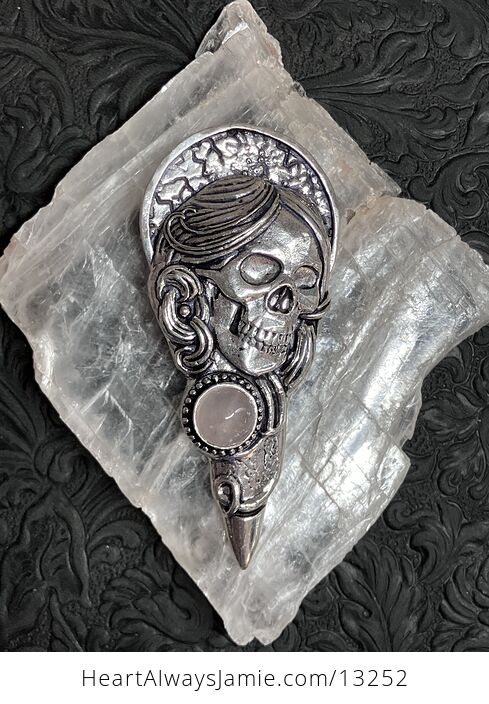 Santa Muerte Skull Pendant with a Rose Quartz Gem Stone Crystal Jewelry - #qIzm0sAlrZo-5