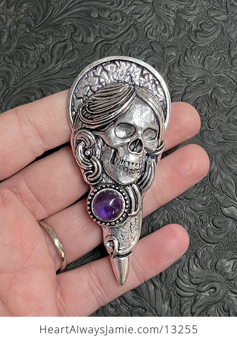 Santa Muerte Skull Pendant with an Amethyst Gem Stone Crystal Jewelry - #TfljFMGlQYM-1