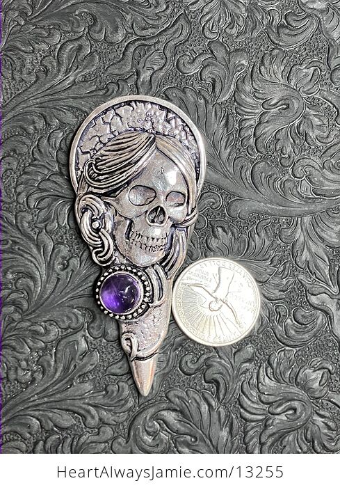 Santa Muerte Skull Pendant with an Amethyst Gem Stone Crystal Jewelry - #TfljFMGlQYM-3