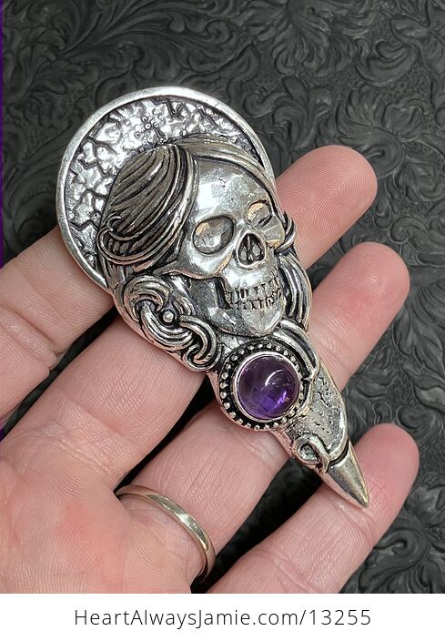 Santa Muerte Skull Pendant with an Amethyst Gem Stone Crystal Jewelry - #TfljFMGlQYM-4