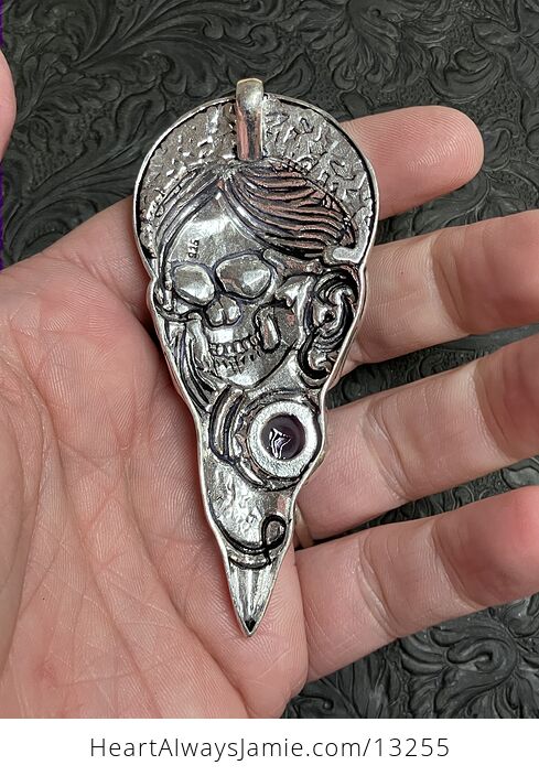 Santa Muerte Skull Pendant with an Amethyst Gem Stone Crystal Jewelry - #TfljFMGlQYM-6