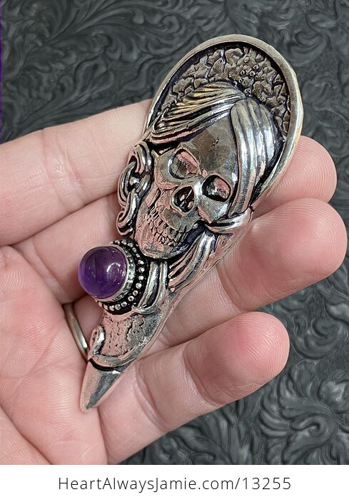 Santa Muerte Skull Pendant with an Amethyst Gem Stone Crystal Jewelry - #TfljFMGlQYM-5