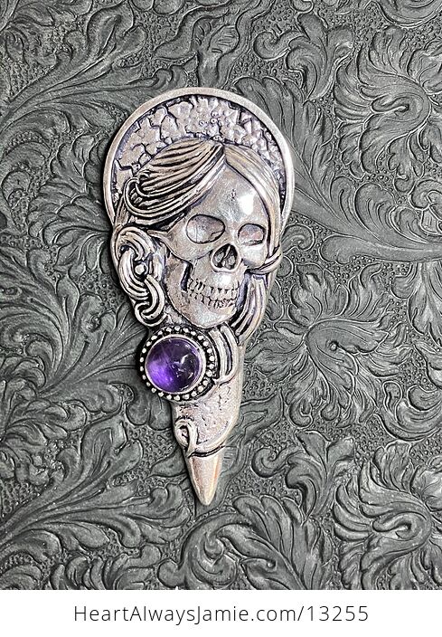 Santa Muerte Skull Pendant with an Amethyst Gem Stone Crystal Jewelry - #TfljFMGlQYM-2