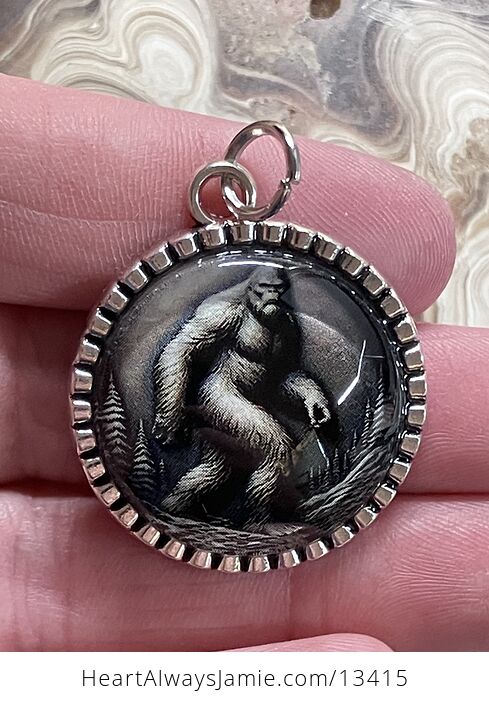 Sasquatch Bigfoot in a Winter Forest Cryptid Pendant Keychain Charm - #hpe8RLWb2Ws-1