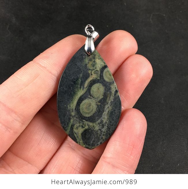 Semi Swirly Black and Green Kambala Jasper Stone Pendant Necklace - #iet7PoiM62o-2
