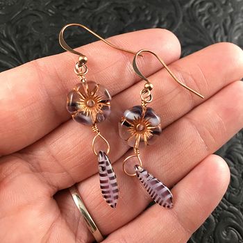 Semi Transparent Bronze and Purple Glass Hawaiian Flower and Purple Striped Dagger Earrings with Copper Wire #1npOHX8Kfdg