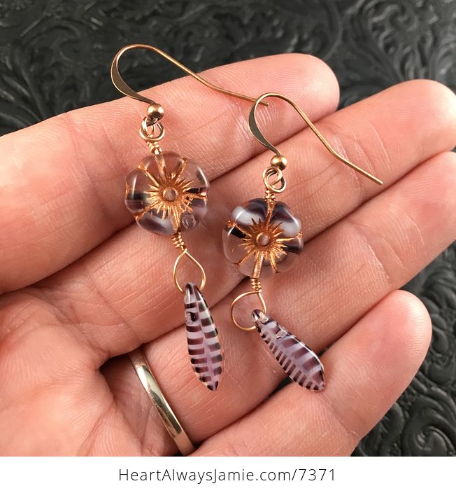 Semi Transparent Bronze and Purple Glass Hawaiian Flower and Purple Striped Dagger Earrings with Copper Wire - #1npOHX8Kfdg-1