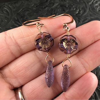 Semi Transparent Bronze and Purple Striped Glass Hawaiian Flower and Purple and Gold Etched Dagger Earrings with Copper Wire #B1yZ41sxJqs