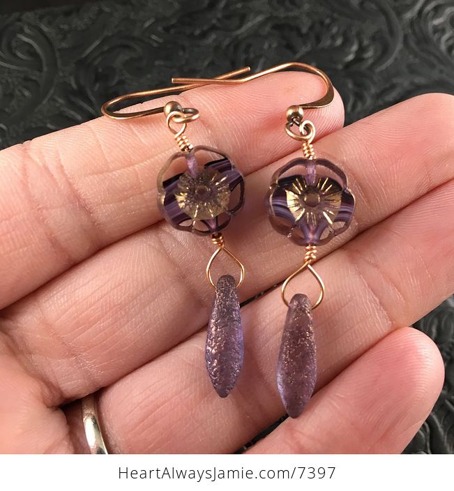 Semi Transparent Bronze and Purple Striped Glass Hawaiian Flower and Purple and Gold Etched Dagger Earrings with Copper Wire - #B1yZ41sxJqs-1
