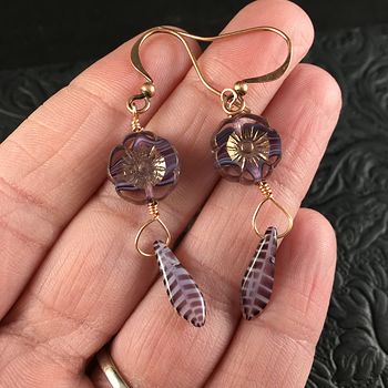 Semi Transparent Bronze and Purple Striped Glass Hawaiian Flower and Purple Striped Dagger Earrings with Copper Wire #maOP3RenRxs